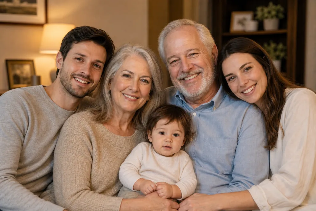AI image combiner example — family portrait from separate photos